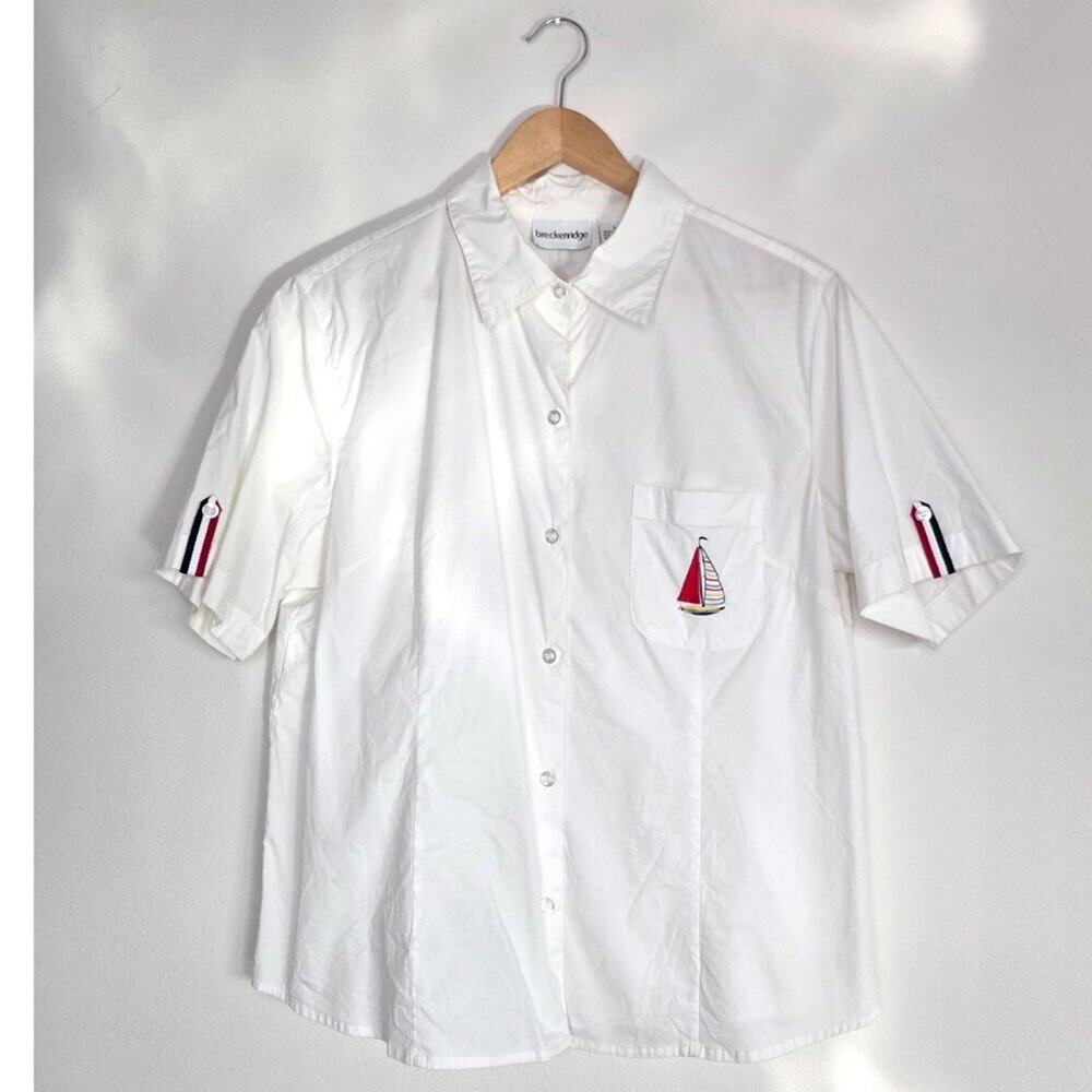 Breckenridge Large White Coastal Nautical Sailboat Embroidered Shirt Preppy L